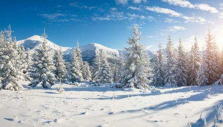 Majestic white spruces glowing by sunlight. Picturesque and gorgeous wintry scene. Location place Carpathian national park, Ukraine, Europe. Alps ski resort. Blue toning. Happy New Year! Beauty world.の写真素材