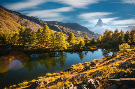 Fantastic view of Grindjisee lake with Matterhorn spire or Cervino peak. Location Switzerland, Europe. Scenic image of a famous tourist attraction. photo wallpaper. Discover the beauty of earth.の写真素材