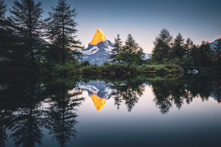 Fantastic view of Grindjisee lake with Matterhorn spire or Cervino peak. Location Switzerland, Europe. Scenic image of a famous tourist attraction. photo wallpaper. Discover the beauty of earth.の写真素材