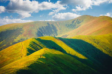 Attractive summer day with green hills illuminated by the sun. Location place Carpathian mountains, Ukraine, Europe. Vibrant photo wallpaper. Inspiring natural landscape. Discover the beauty of the world.の写真素材
