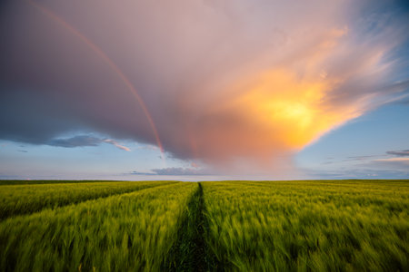 Tranquil agricultural landscape with a magical rainbow at sunset. Agrarian land of Ukraine, Europe. force of nature. Vibrant summertime photo wallpaper. Image of an exotic phenomenon. beauty of earth.の写真素材