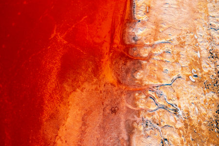 Incredible view from the drone on pink salt marsh with a calm water surface. Abstract texture from a...