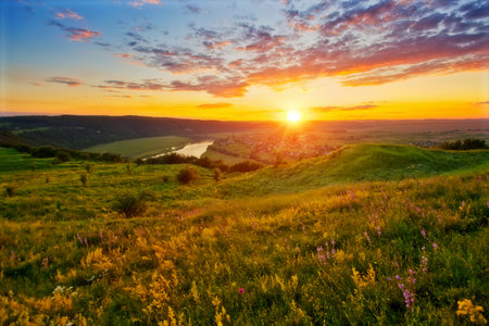 Awesome colorfull cloudscape over the Dniester river. Vivid clouds illuminated by the beams of the sun. Location place Dnister canyon of Ukraine, Europe. Photo wallpaper Discover the beauty of earth.の写真素材