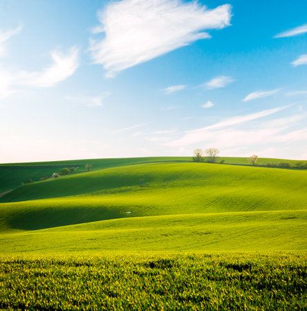 Morning sunlight on the wavy fields and cultivated land of agricultural area. Location place of South Moravia region, Czech Republic, Europe. Minimalistic landscape. Discover the beauty of the world.の写真素材