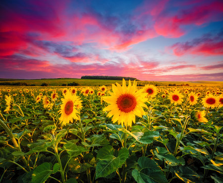 Awesome scene of exotic yellow sunflowers in the evening. Location place Ukraine, Europe. Photo of ecology concept. Agrarian industry. Incredible wallpaper. Image of cultivation land. Beauty of earth.の写真素材