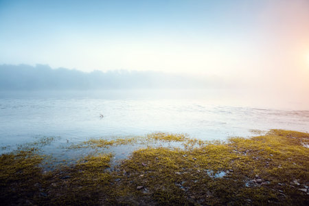 Calm morning scene in summer on the Dniester river. Location place Dnister canyon of Ukraine, Europe. Vibrant photo wallpaper. Nature photography. Wonders of the world. Discover the beauty of earth.の写真素材
