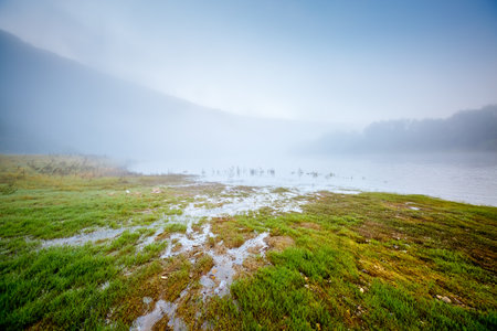 Calm morning scene in summer on the Dniester river. Location place Dnister canyon of Ukraine, Europe. Vibrant photo wallpaper. Nature photography. Wonders of the world. Discover the beauty of earth.の写真素材