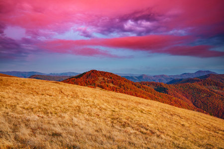 Scenic landscape in the mountains at sunset. Picture of colorful cloudy sky. Location place of Carpathian national park, Ukraine, Europe. Picturesque photo wallpaper. Discover the beauty of earth.の写真素材