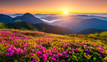 Attractive summer sunset with pink rhododendron flowers. Location place Carpathian mountains, Ukraine, Europe. Vibrant photo wallpaper. Image of exotic landscape. Discover the beauty of earth.の写真素材