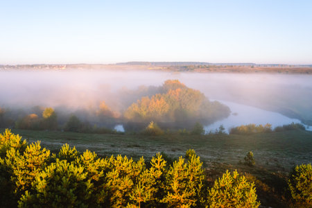 Splendid and calm morning with haze on the Horyn river. Location place Polissya region, Ukraine, Europe. Majestic panorama, ecology concept.の写真素材
