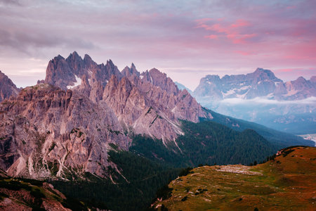 Italian Alps and Cadini di Misurina range in the morning. Location place National Park Tre Cime di Lavaredo, Dolomites, South Tyrol, Italy, Europe. Photo wallpaper Discovery of the beauty of earth.の写真素材