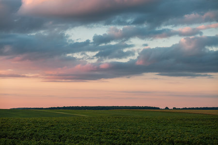 Gorgeous textured clouds over farmland and cultivated fields. Agronomic industry. Location place agricultural region of Ukraine, Europe. Perfect photo wallpaper. Fantastic panorama. Beauty of earth.の写真素材