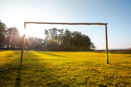 An improvised village stadium with a wooden gate in the middle of a pine forest. Polissya region, Ukraine, Europe. Summer playground for leisure.の写真素材