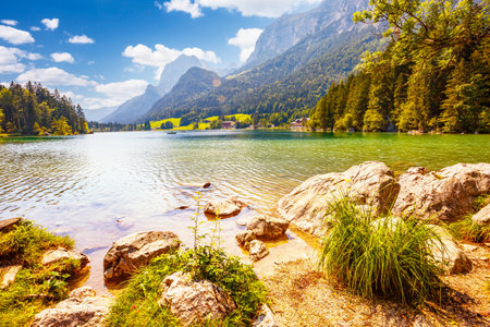 Spectacular scene of alpine lake Hintersee. Location place Ramsau, National park Berchtesgadener Land, Upper Bavaria, Germany, Europe. Adventure outdoor summer vacations. Discover the beauty of earth.の写真素材