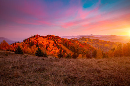 Splendid autumn scene of a rolling hills at sunset. Mountains in morning light. Location place Carpathian, Ukraine, Europe. Wild protected area. Vibrant photo wallpaper. Discover the beauty of earth.の写真素材