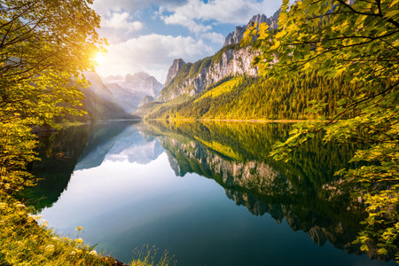 Splendid scene of alpine lake Vorderer Gosausee. Location place of famous resort Salzkammergut, Gosau Valley, Upper Austria, Europe. Dachstein glacier. Photo wallpaper. Discover the beauty of earth.の写真素材
