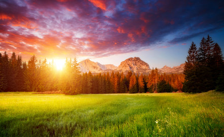 Mountain valley in the evening light. Location Durmitor National park, Zabljak, Montenegro, Balkans, Europe. Summer trip to exotic places. Discover the beauty of earth.の写真素材