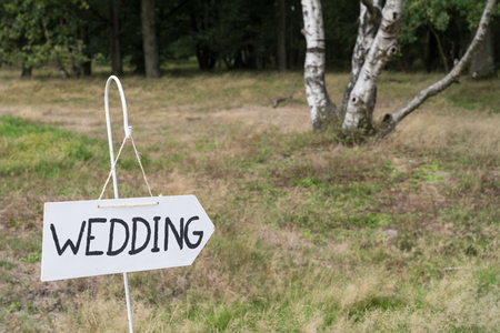 Wooden direction with wedding text standing in a field near a forest outsideの写真素材
