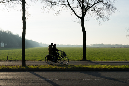 Silhouette of two cyclists with trees in the morning sun with mist and grasslandの写真素材