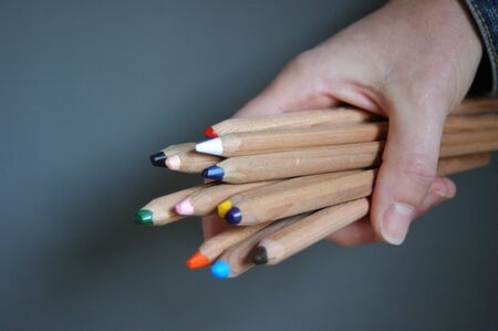 Hand holding many multi colored pencils against a gray background