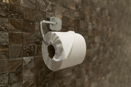 A fresh roll of toilet paper with a folded end hanging on a toilet roll holder against brown tiled wallの写真素材