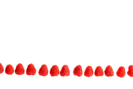 Ripe raspberries lying lined up seen from the side isolated in a white background