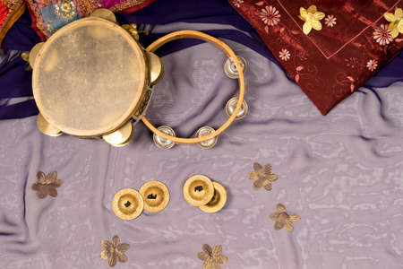 musical instruments of a bellydance percussiongroup with darbukas, tambourines and zillsの写真素材
