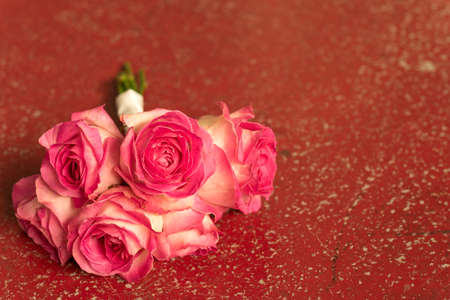 Bouquet of roses on a red concrete floor with copy spaceの写真素材