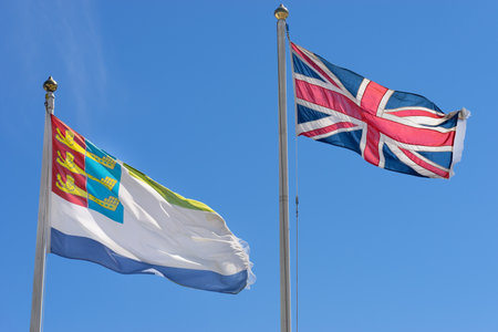 Flag of the United Kingdom Union Jack and flag of Cinque Ports Confederation and Port of Dover...