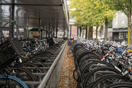 Many parked bikes in a storage with perspective viewのeditorial素材