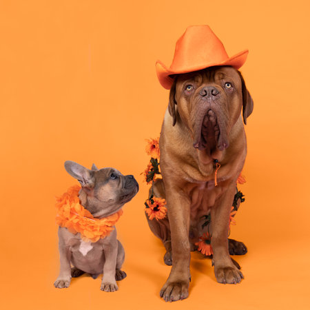 A French bulldog and Bordeaux dog supporters Dutch soccer or football team with orange attributesの写真素材