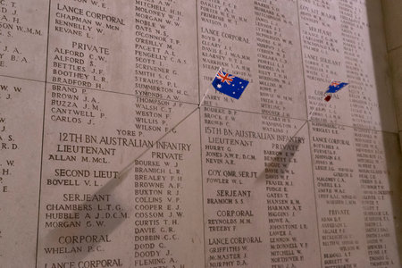 Lest we forget - Remembrance Menin gate with names of diseased soldiers of the first World War WWI at Ypres Belgiumのeditorial素材