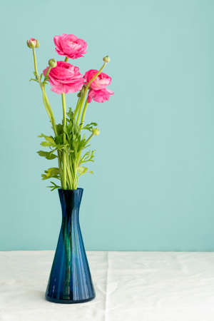 Lush natural light old Dutch Delft blue lidded vase with pink r anunculus on white linen against a blue backgroundの写真素材