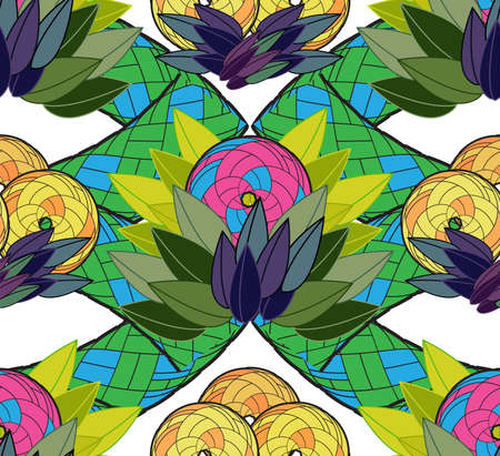 Exotic seamless background with the stylised fruit and leaves.のイラスト素材