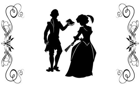The young man in a XIX-th century suit reads verses to the girl in the elegant dress, holding a fan.の写真素材
