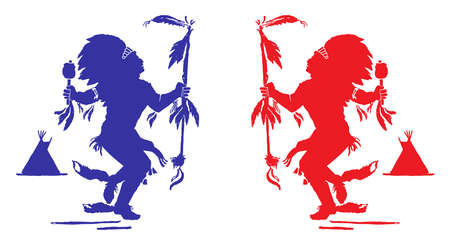 Two Indians perform a traditional dance in celebration of North American Indian pow wow. Blue and red colors represent the seasons (winter and summer).のイラスト素材