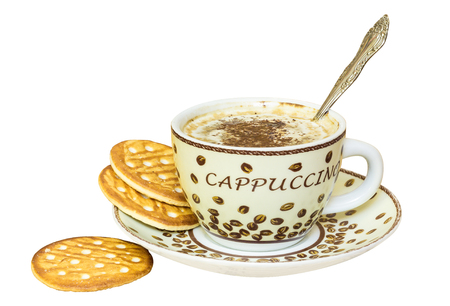 Beautiful background with a coffee Cup and biscuits. Isolated on white.の写真素材