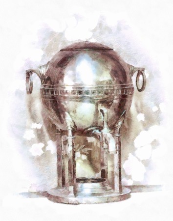Watercolor painting with an old shiny samovar.の写真素材