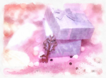 Magic romantic gift box with the lid open and a golden key. The watercolor.の写真素材