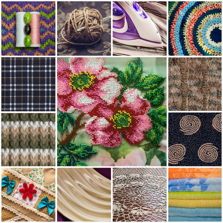 Collage from knitted fabrics and beaded flowers in the center.の写真素材