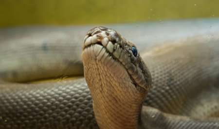 A large python in the terrarium. Close-up.