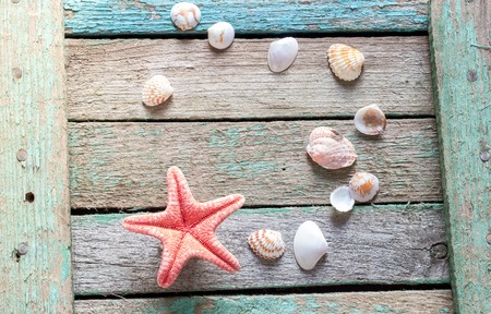 Red starfish and seashells on a wooden backgroundの写真素材