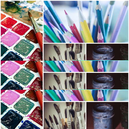 Collage with paints, brushes and colored pencils