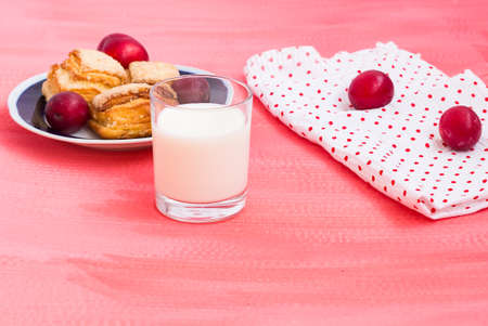 snack fruit dessert milk in the glass summer sunの写真素材