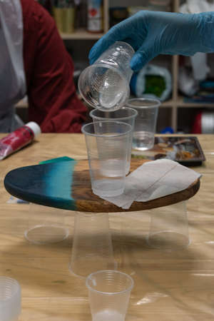 epoxy resin wooden board decoration close-up batchingの写真素材