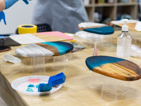 sponges with the paint boards decorating a woodenの写真素材