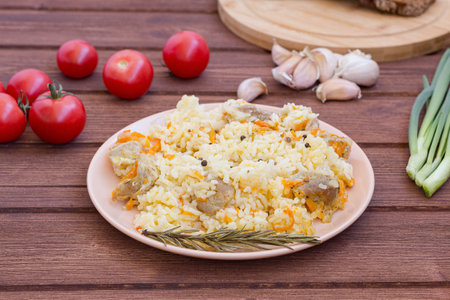 wooden table food, natural fresh pilaf spiceの写真素材