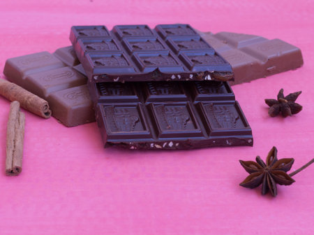 dark chocolate with nuts and cinnamon milk chocolateの写真素材