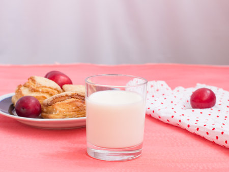 snack fruit dessert milk in the glass summer sun.の写真素材