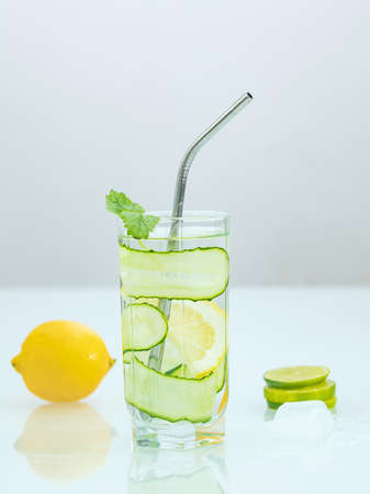 cocktail with cucumber glass, green drink coldの写真素材